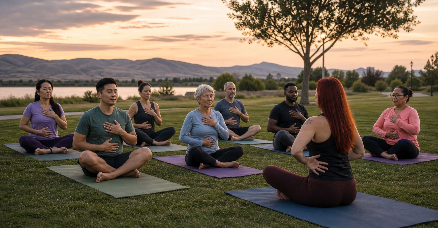 An outdoor breathwork class at sunset
