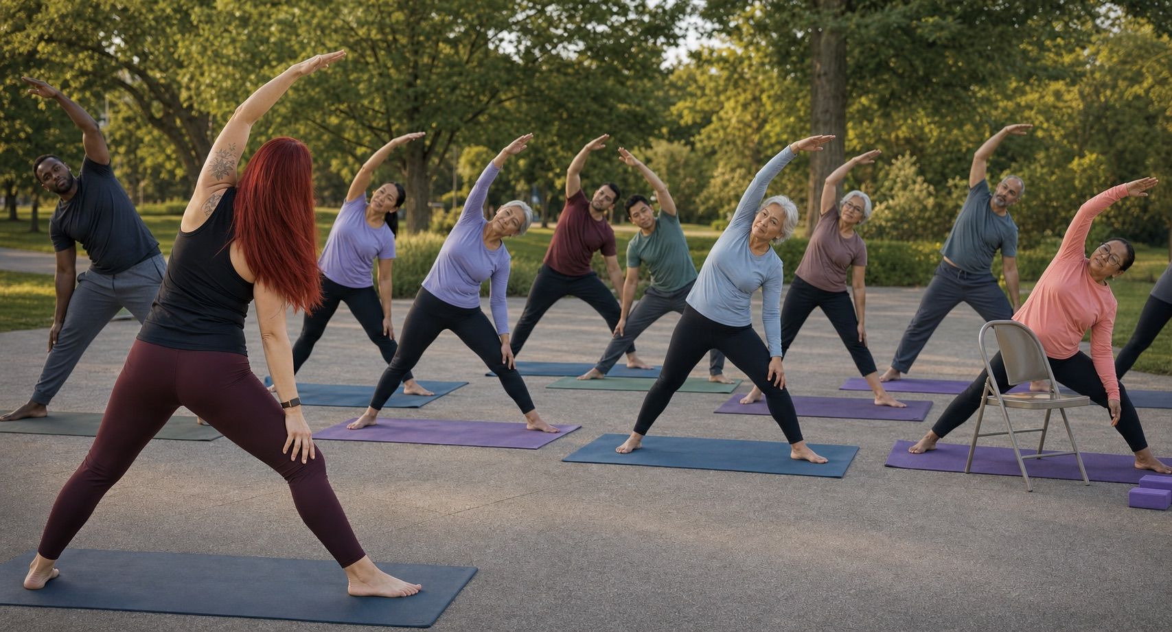 Amanda leading an outdoor yoga class in a side stretch