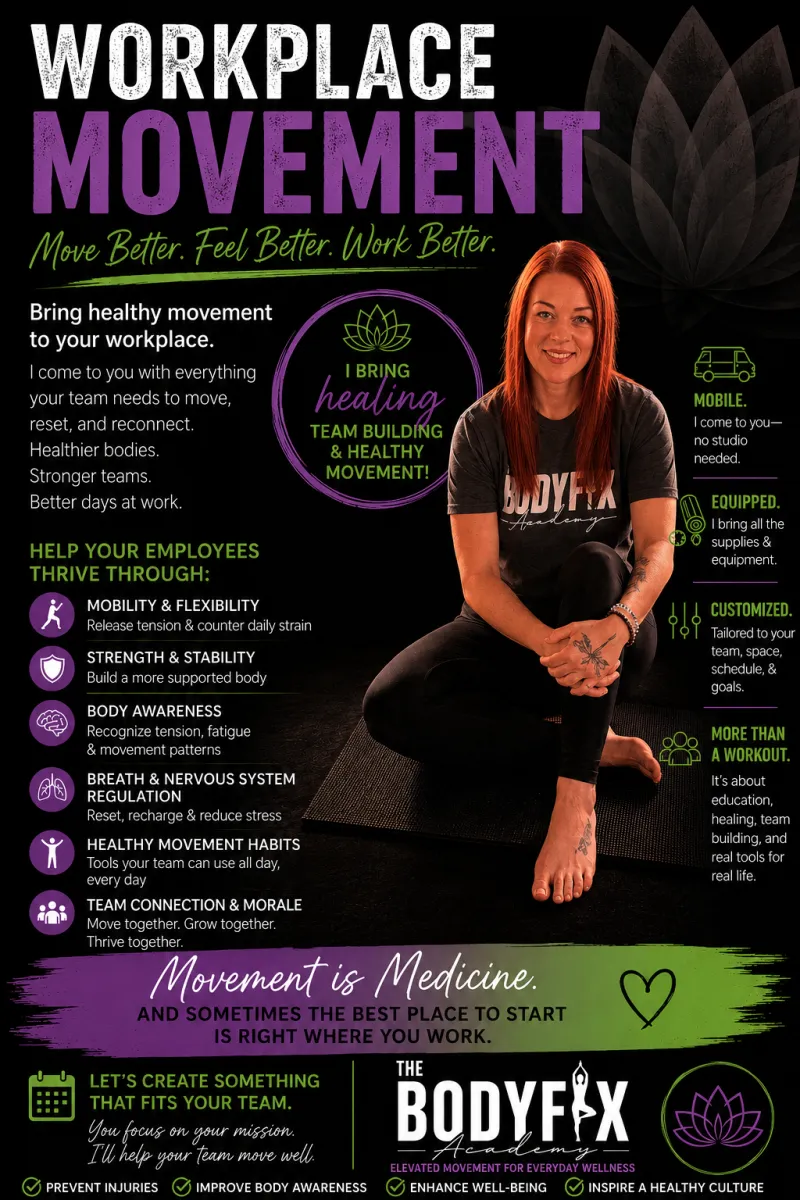 Workplace Movement flyer featuring Amanda and an overview of mobile workplace wellness sessions